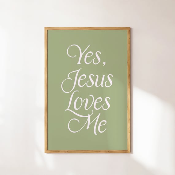 Yes Jesus Loves Me White Calligraphy Sage Green Nursery Poster