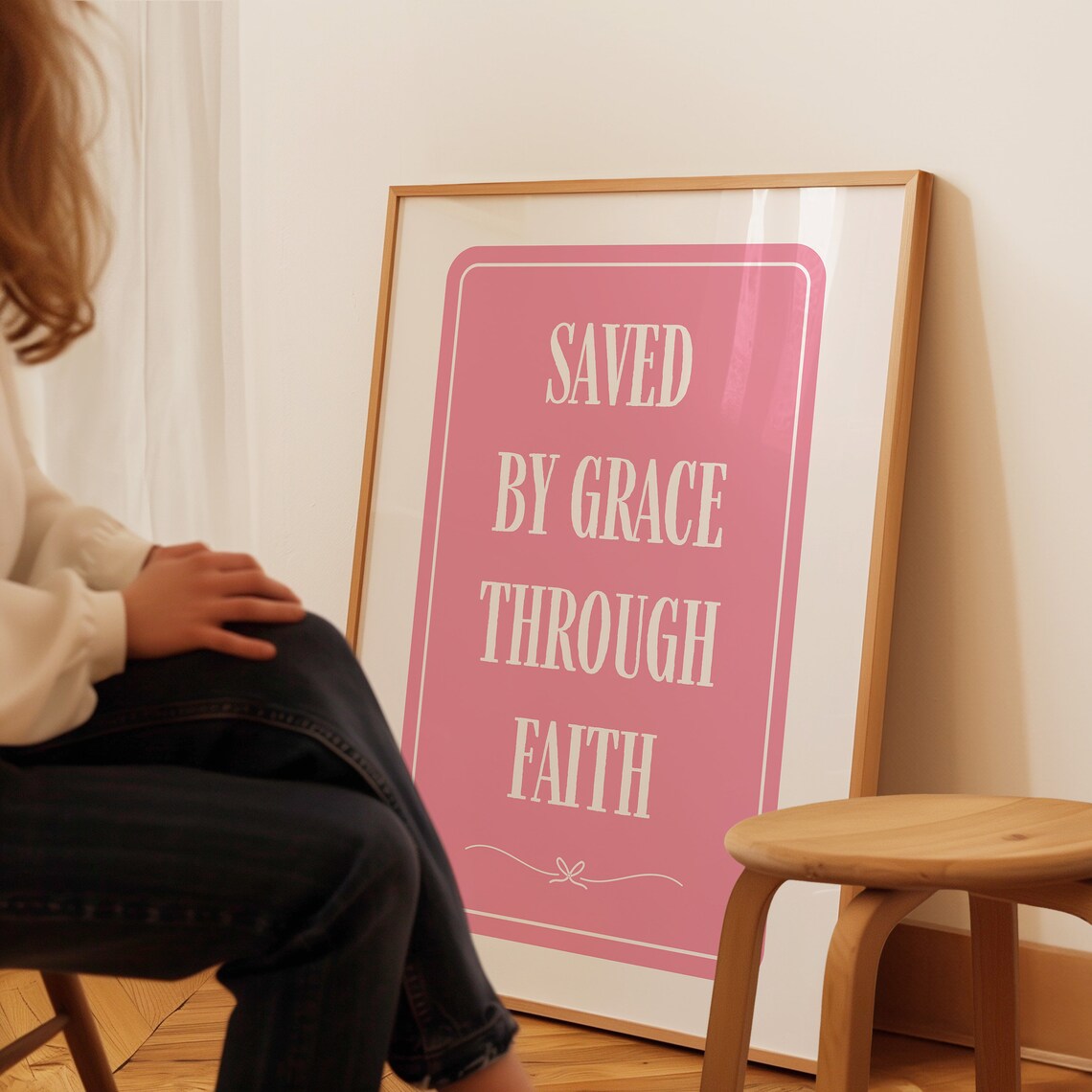 Saved By Grace Through Faith Pink Typography Coquette Christian Quote Wall Art - Image 4