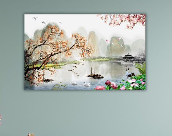 Cherry Blossom Sakura Decor Samurai Art Lake Japanese Gift Sumi E Artwork Travel Poster Chinese Style Home Office Wall Arts