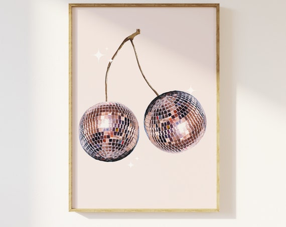 Retro Disco Art Print Funky Disco Decor Cherry Fruit Altered Art 70s Art Print Y2k Prints