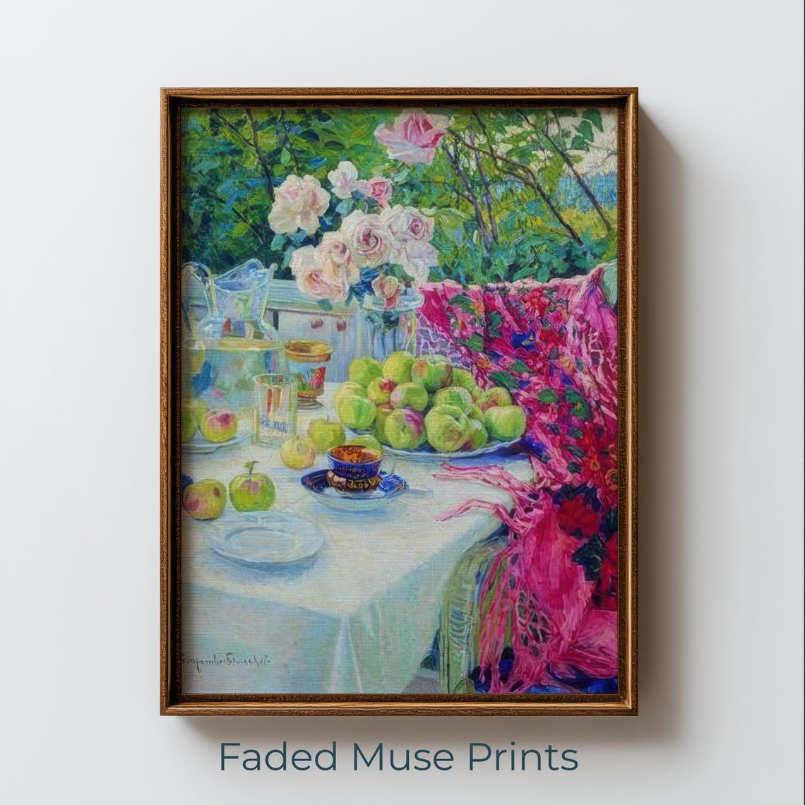 Romantic Garden Table Pink Roses Green Apples Still Life Wall Art