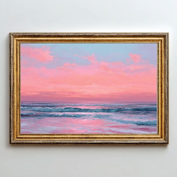 Pink Ocean Sunset Print Pastel Coastal Seascape Wall Art Digital Download