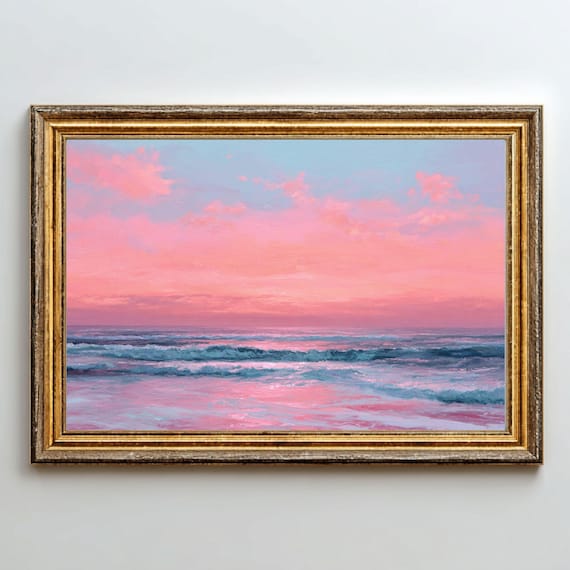 Pink Ocean Sunset Seascape Poster Pastel Coastal Waves Calm Painting
