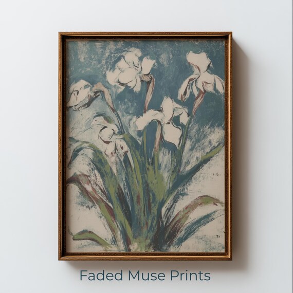 White Iris Flowers Expressive Vintage Botanical Oil Painting Poster
