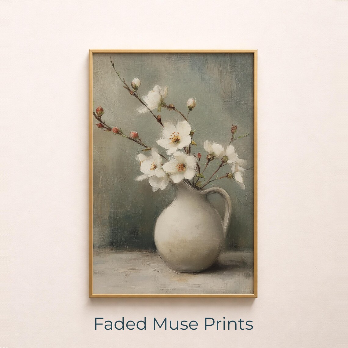 White Spring Blossoms Still Life Vintage Farmhouse Art Print