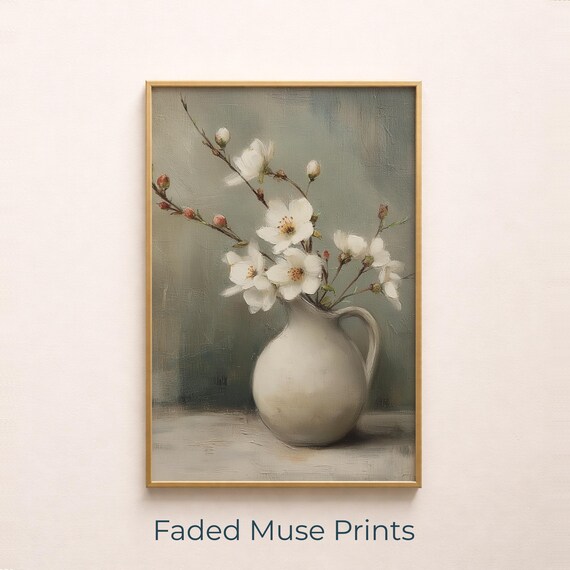 White Spring Blossoms Still Life Vintage Farmhouse Art Print