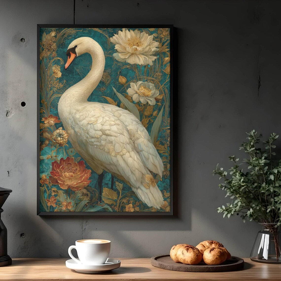 Art Nouveau Swan Print Botanical Grandmillennial Decor Digital Download
