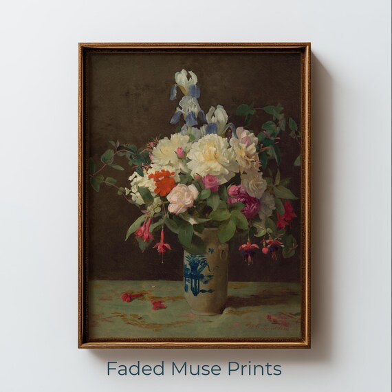 Romantic Peony Rose Bouquet Vintage Floral Still Life Art Print
