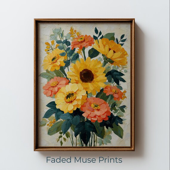 Vintage Sunflower Zinnia Bouquet Maximalist Floral Printable Wall Art Digital Download 2636