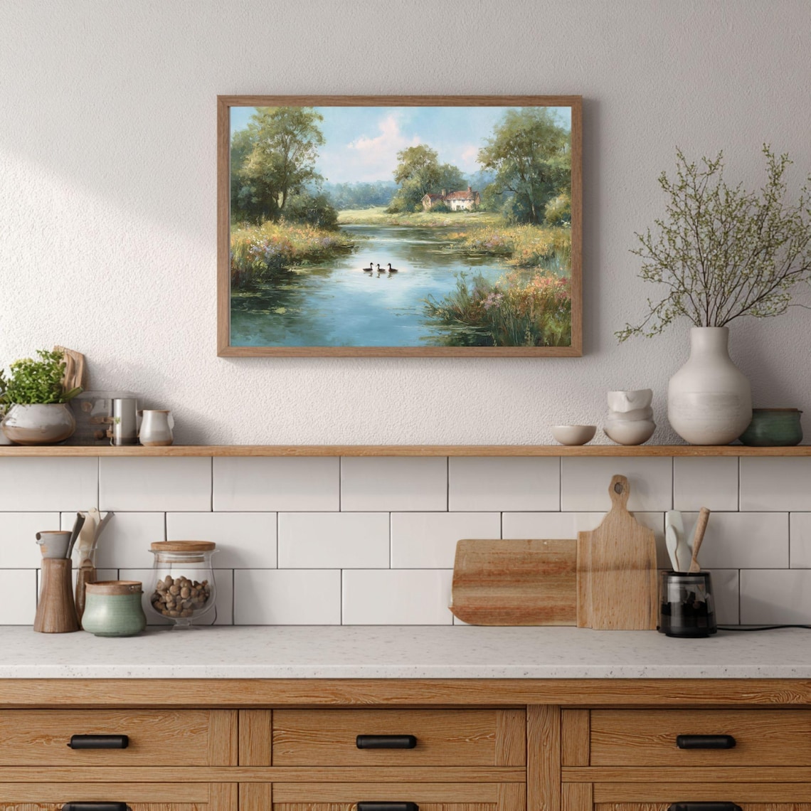 Vintage Duck Pond River Cottage Countryside Landscape Oil Painting Poster