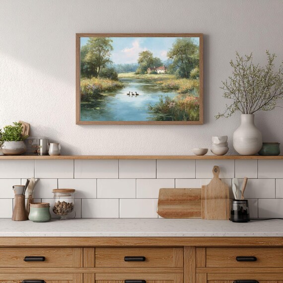 Vintage Duck Pond Painting Cottagecore River Landscape Printable Wall Art Digital Download