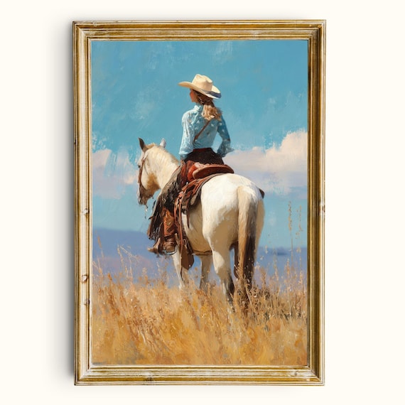 Modern Cowgirl on White Horse in Golden Prairie Field Poster