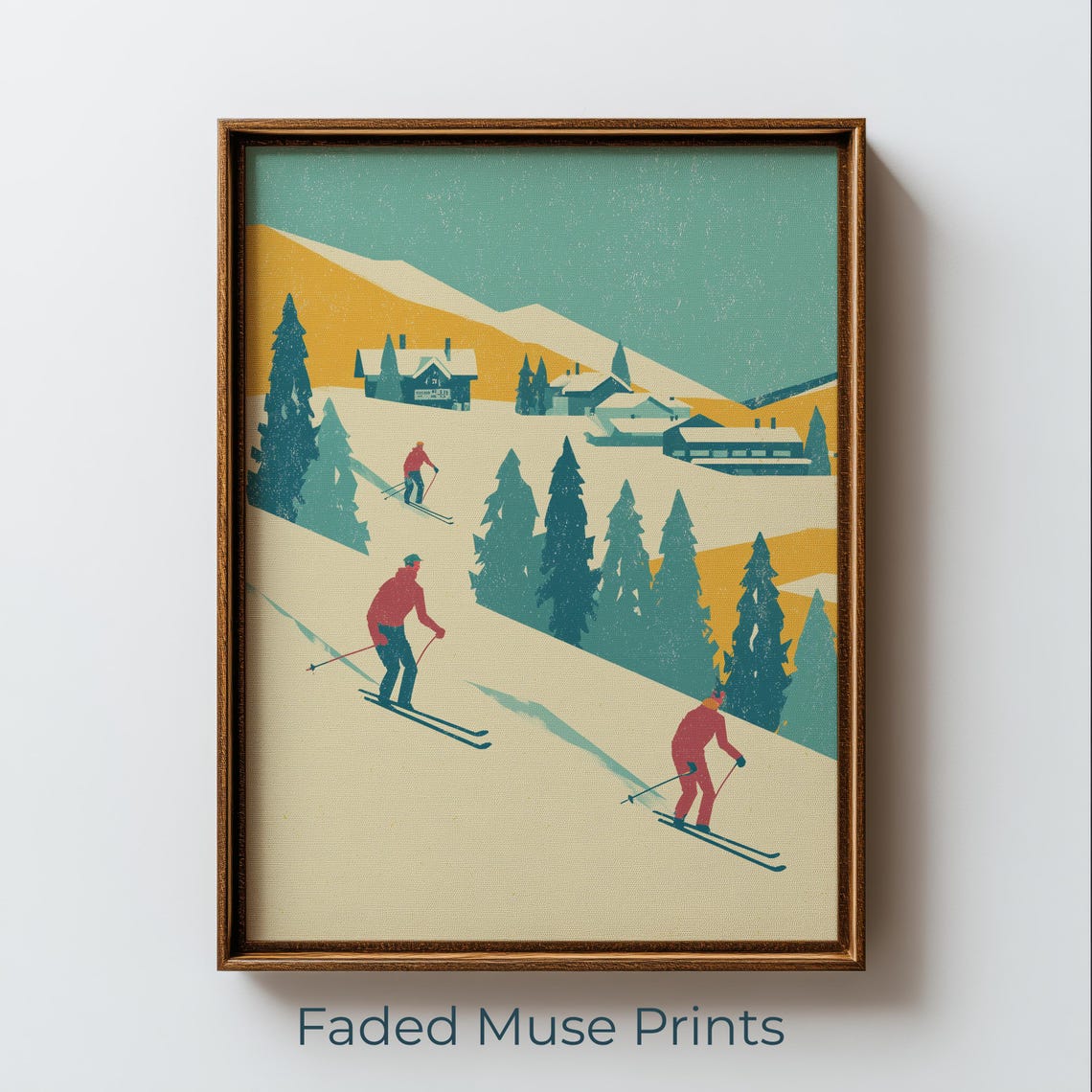 Retro Ski Lodge Vintage Mountain Skiers Mustard Teal Alpine Scene Poster
