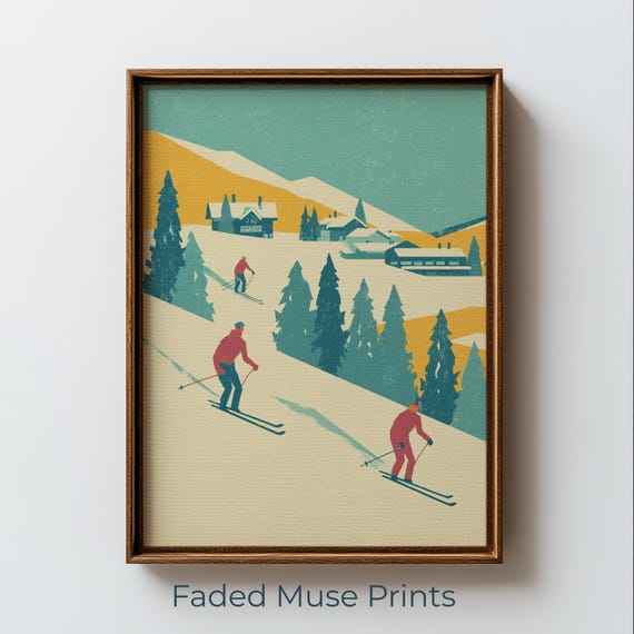 Retro Ski Lodge Poster Vintage Mountain Skiers Print Printable Wall Art Digital Download 2681
