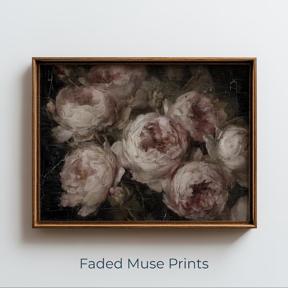 Moody Peony Rose Still Life Romantic Vintage Floral Oil Poster
