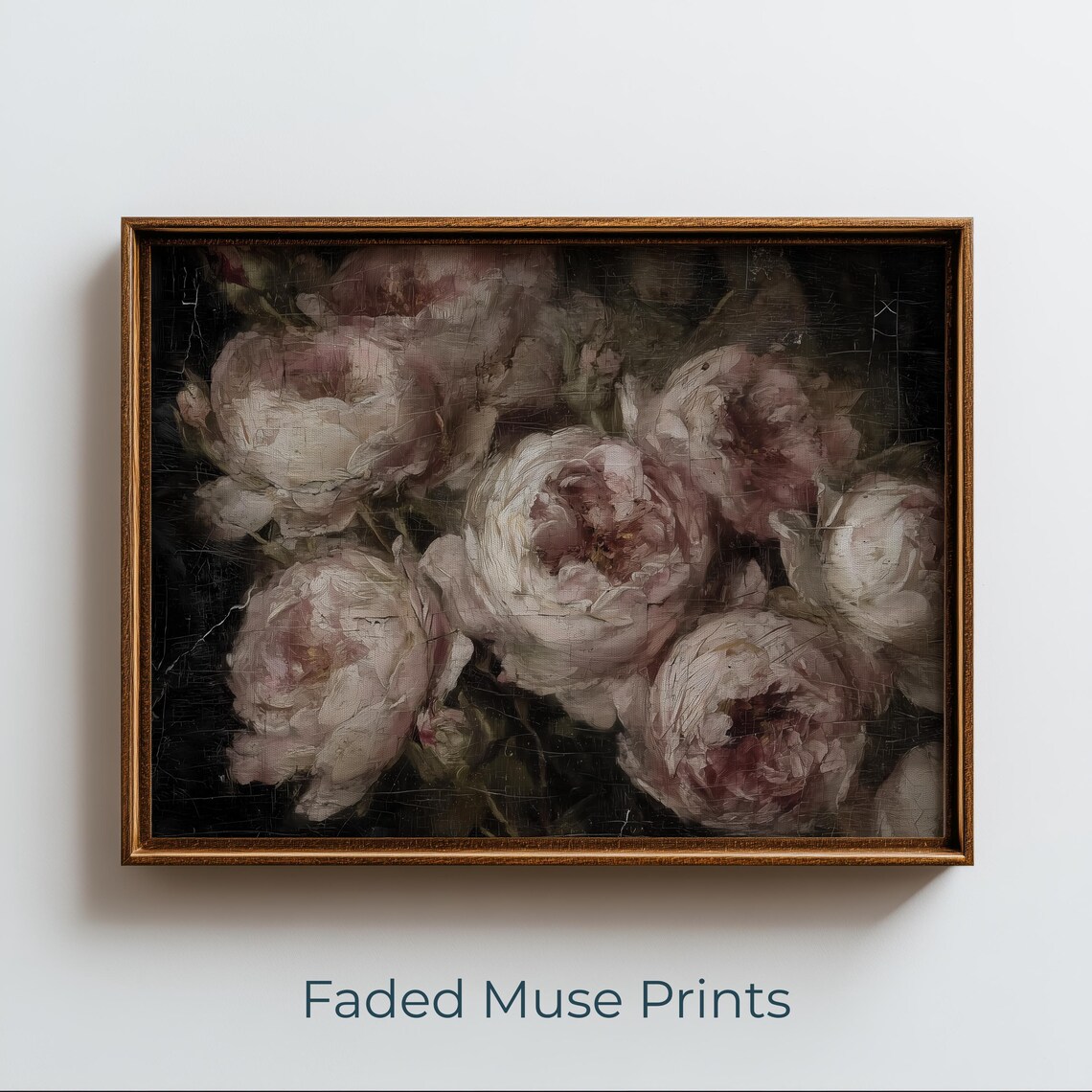 Moody Peony Rose Still Life Romantic Vintage Floral Oil Poster
