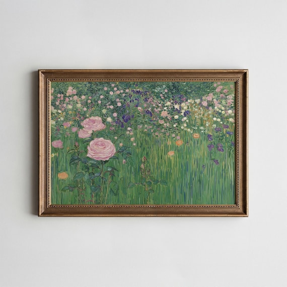 Impressionist Rose Garden Pink Roses Wildflower Meadow Art Print