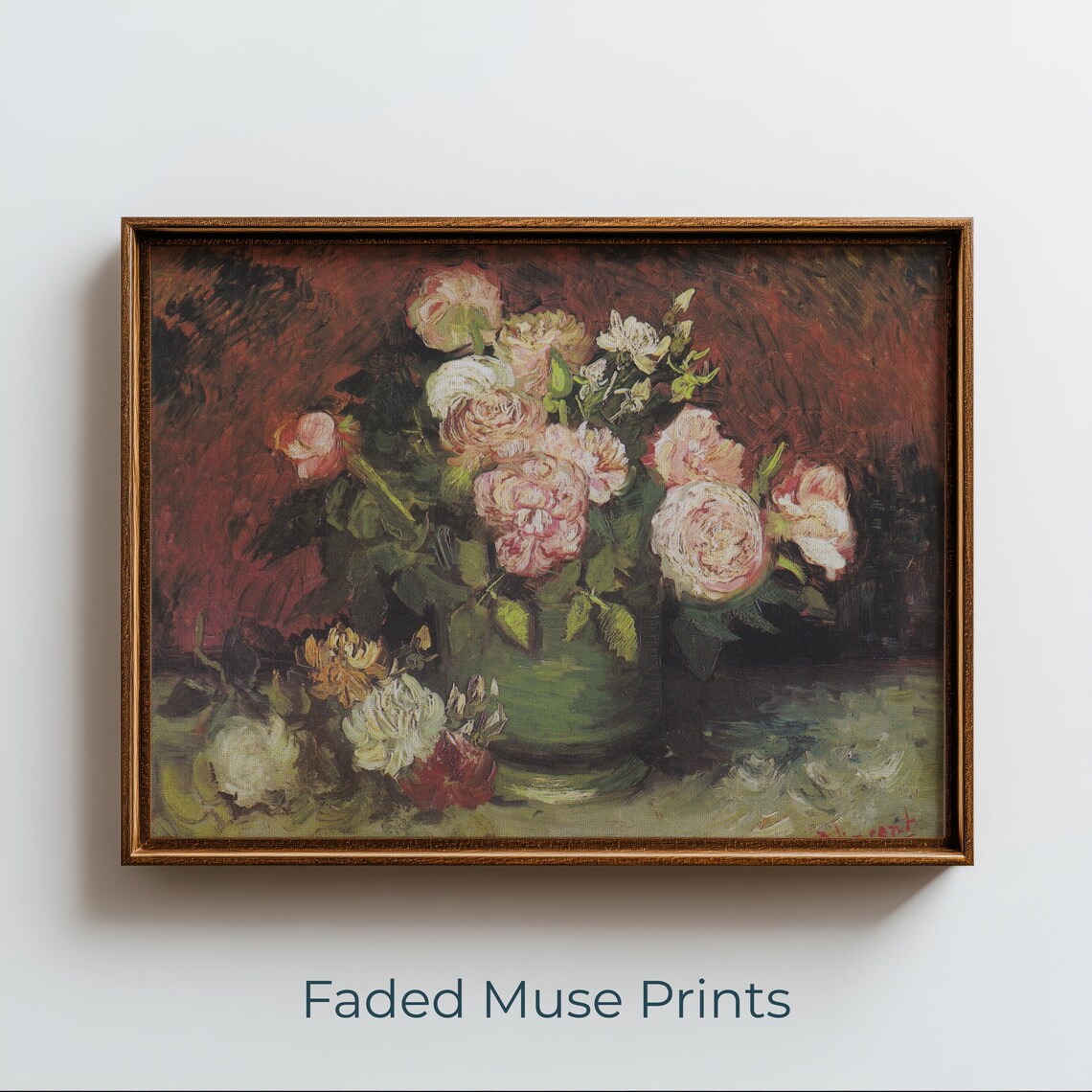 Vintage Pink Peonies Roses Still Life Floral Oil Painting Poster