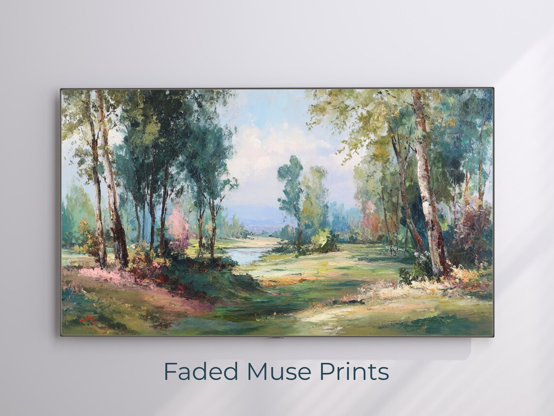 Impressionist Forest Path Lake Serene Green Landscape Painting Poster