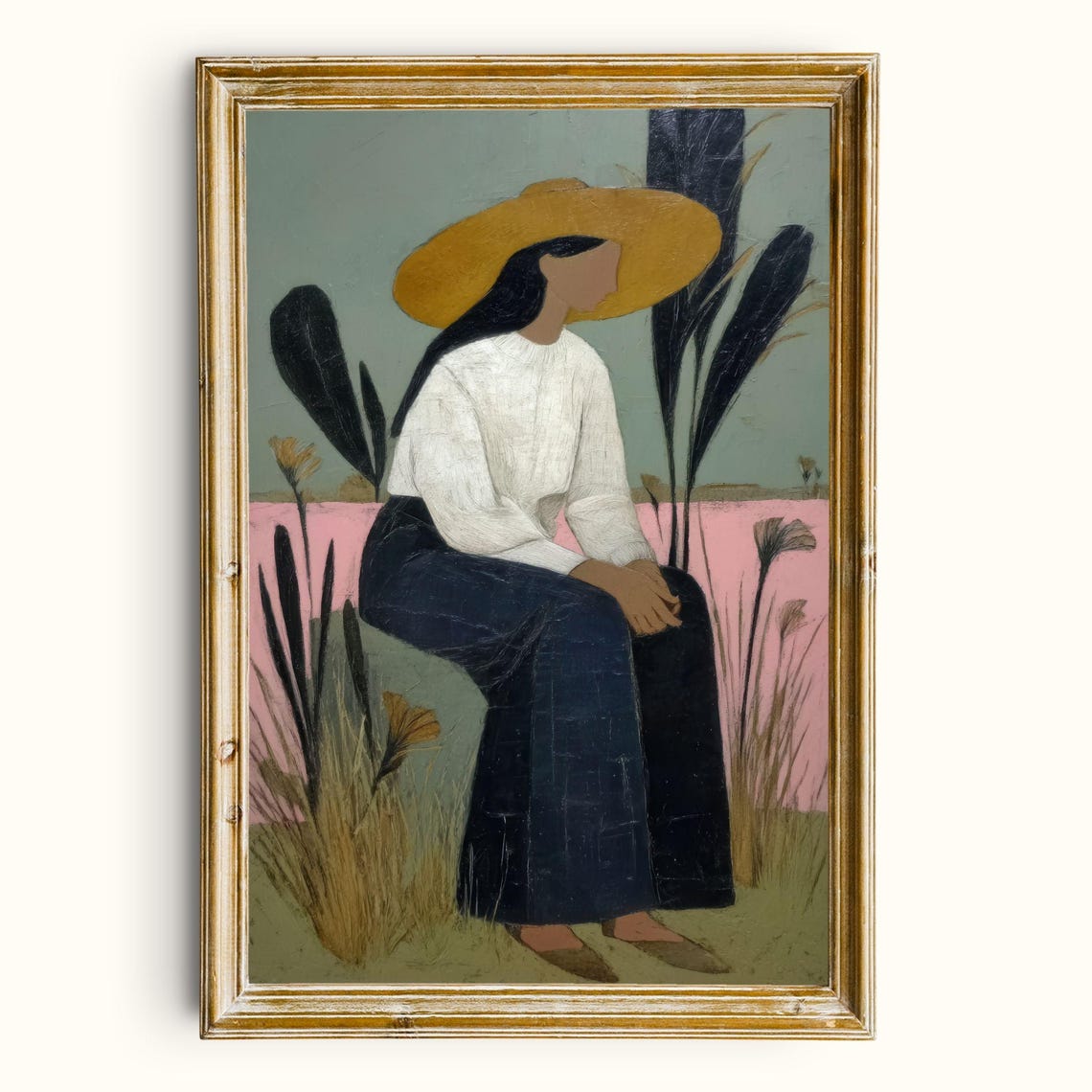 Seated Woman Straw Hat Faceless Contemporary Pastel Figure Poster