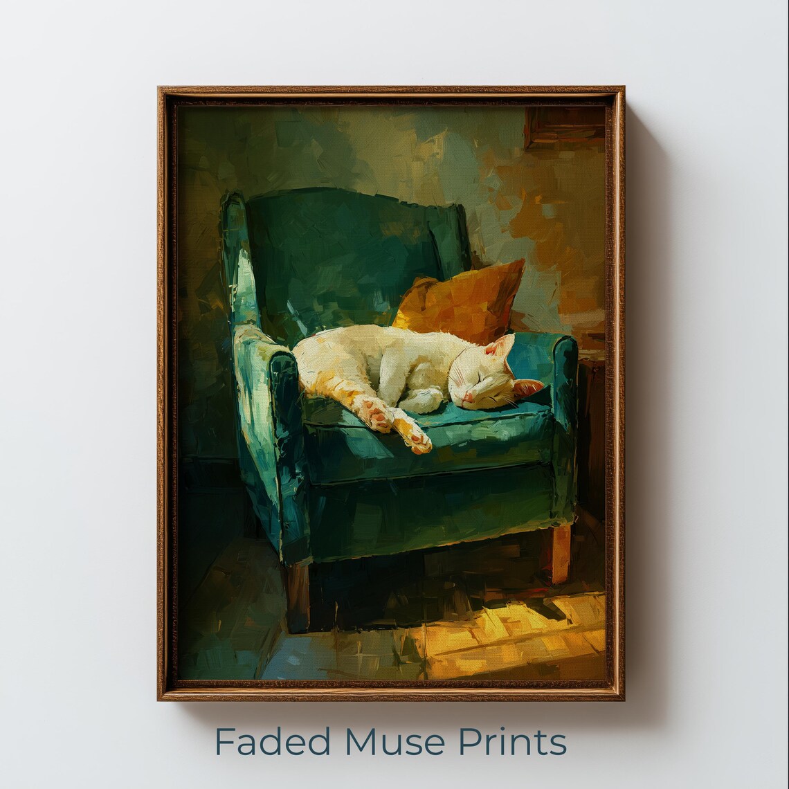 Cream Cat On Green Armchair, Vintage Poster