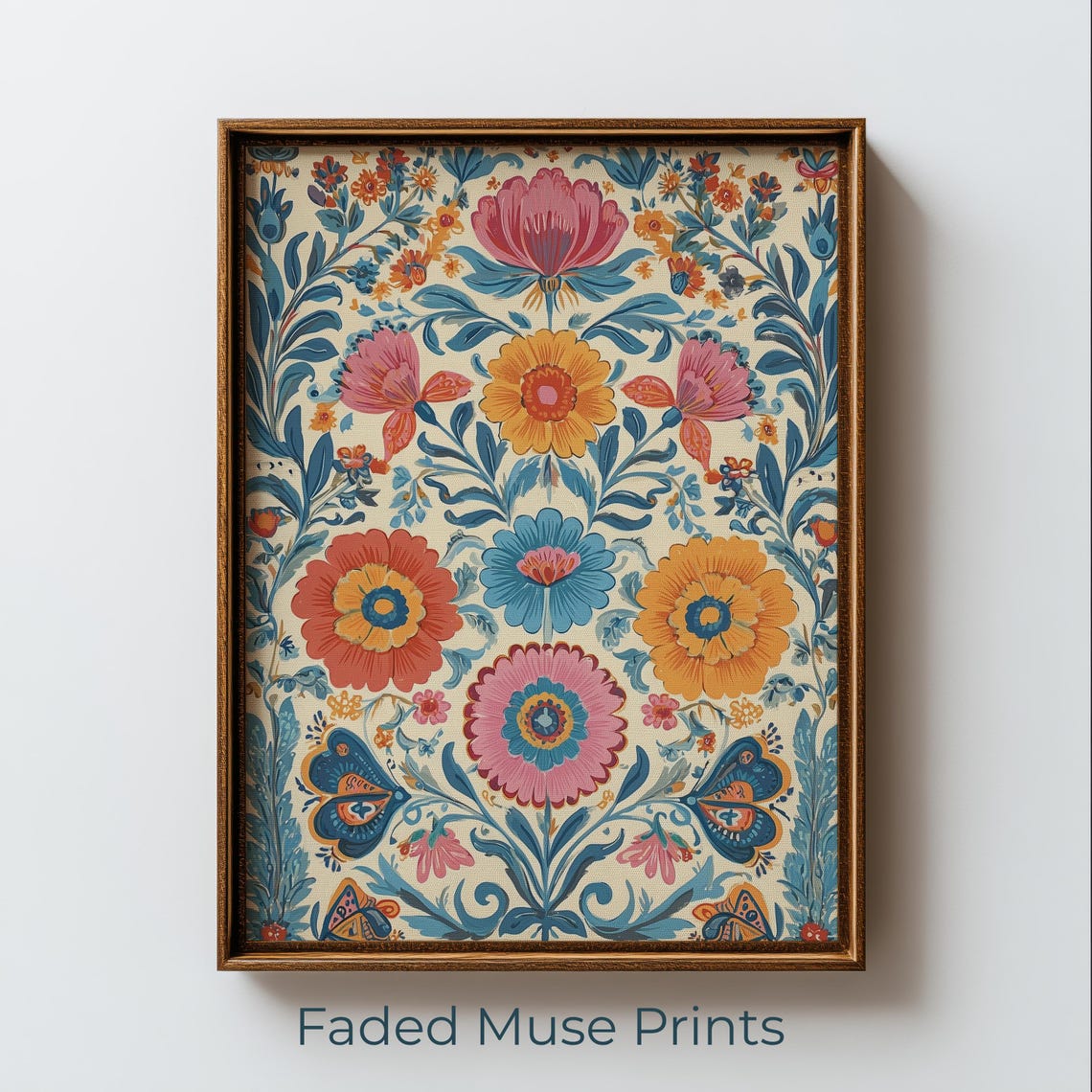 Vintage Folk Art Floral Tapestry Bright Botanical Pattern Poster
