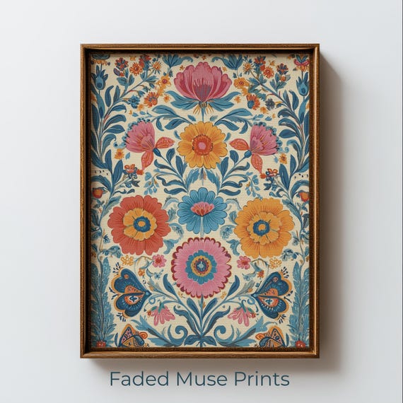 Bright Vintage Folkart Floral Tapestry Panel Boho Botanical Dcor Digital Download 1314