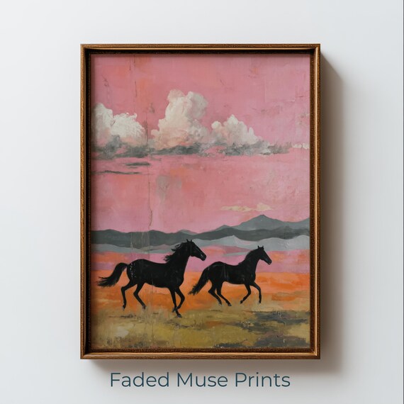 Black Horses Galloping Pink Sunset Moody Rustic Western Art Poster