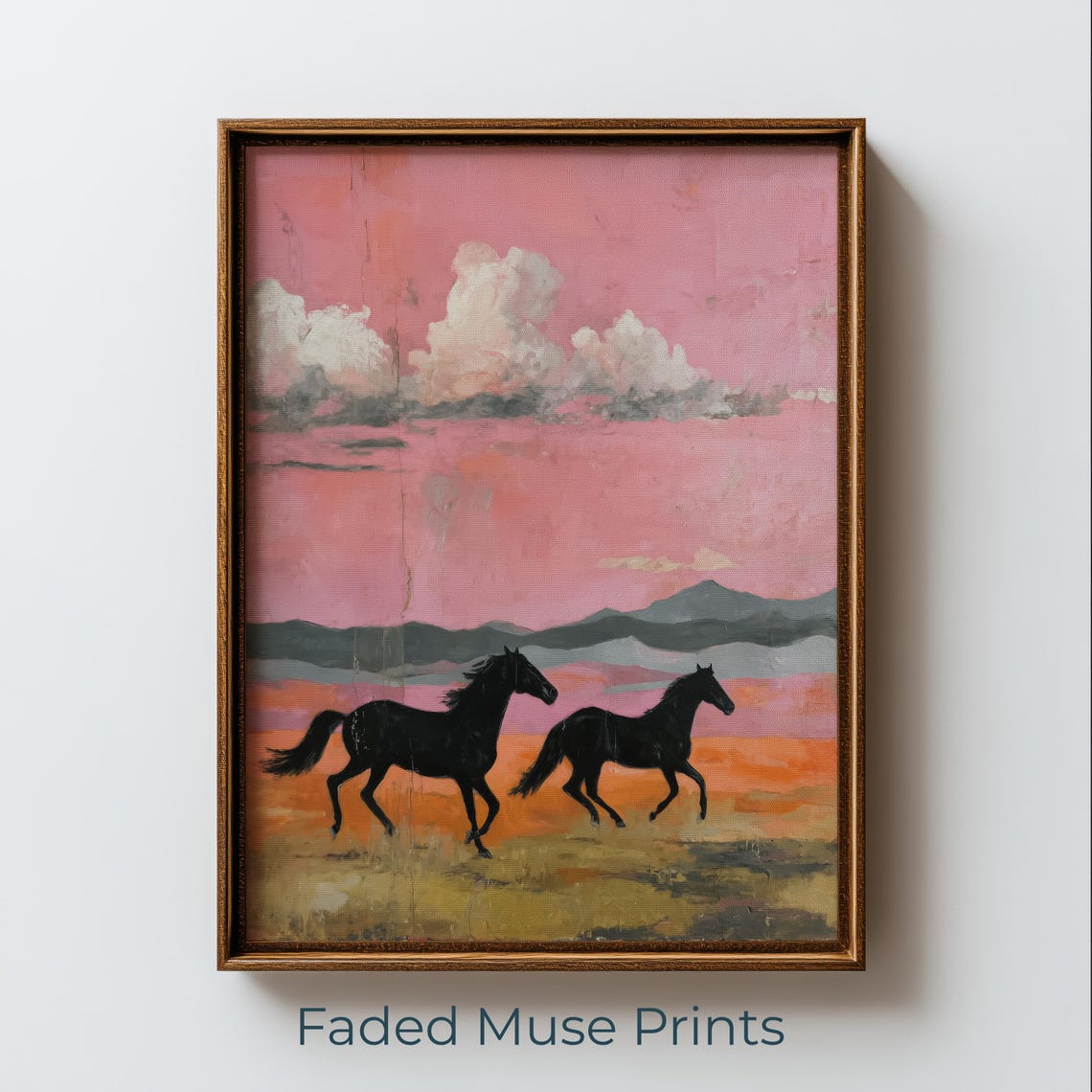 Black Horses Galloping Pink Sunset Moody Rustic Western Art Poster