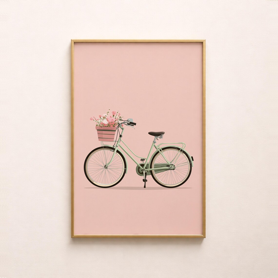 Vintage Mint Bicycle Flower Basket Print Cottagecore Pastel Wall Art Digital Download