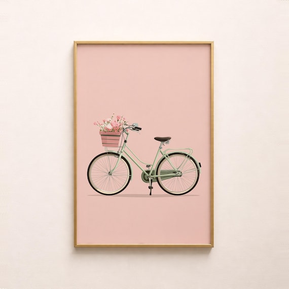 Vintage Mint Bicycle Flower Basket Print Cottagecore Pastel Wall Art Digital Download