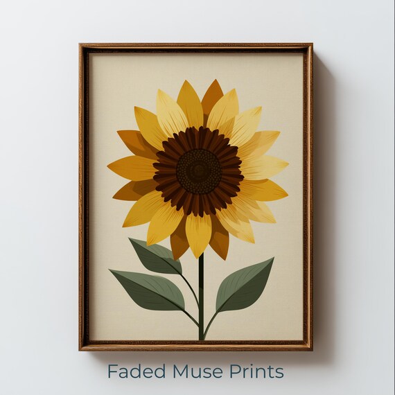 Warm Golden Sunflower Bloom Retro Midcentury Botanical Art Poster