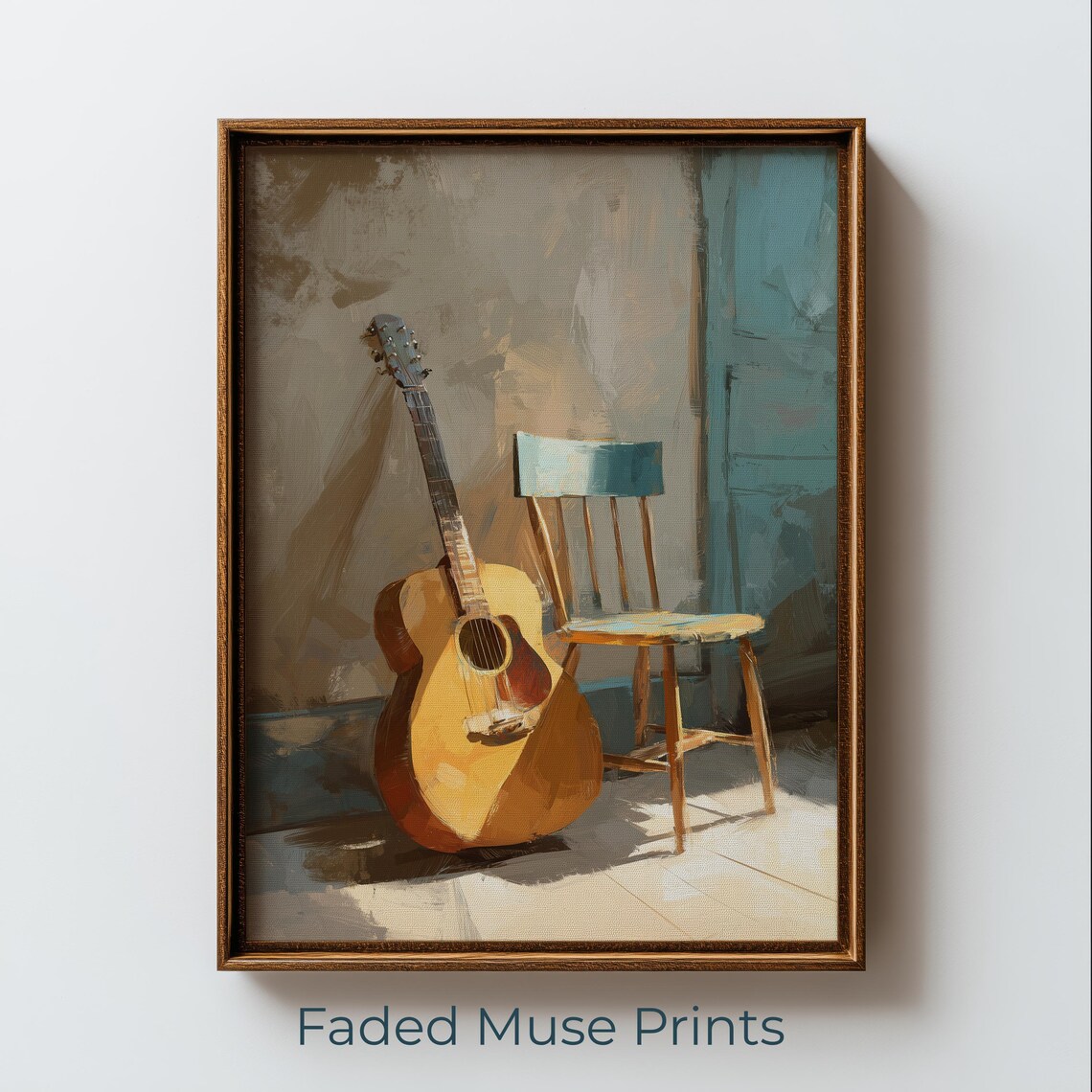 Sunlit Acoustic Guitar Leaning on a Wooden Chair Nostalgic Poster