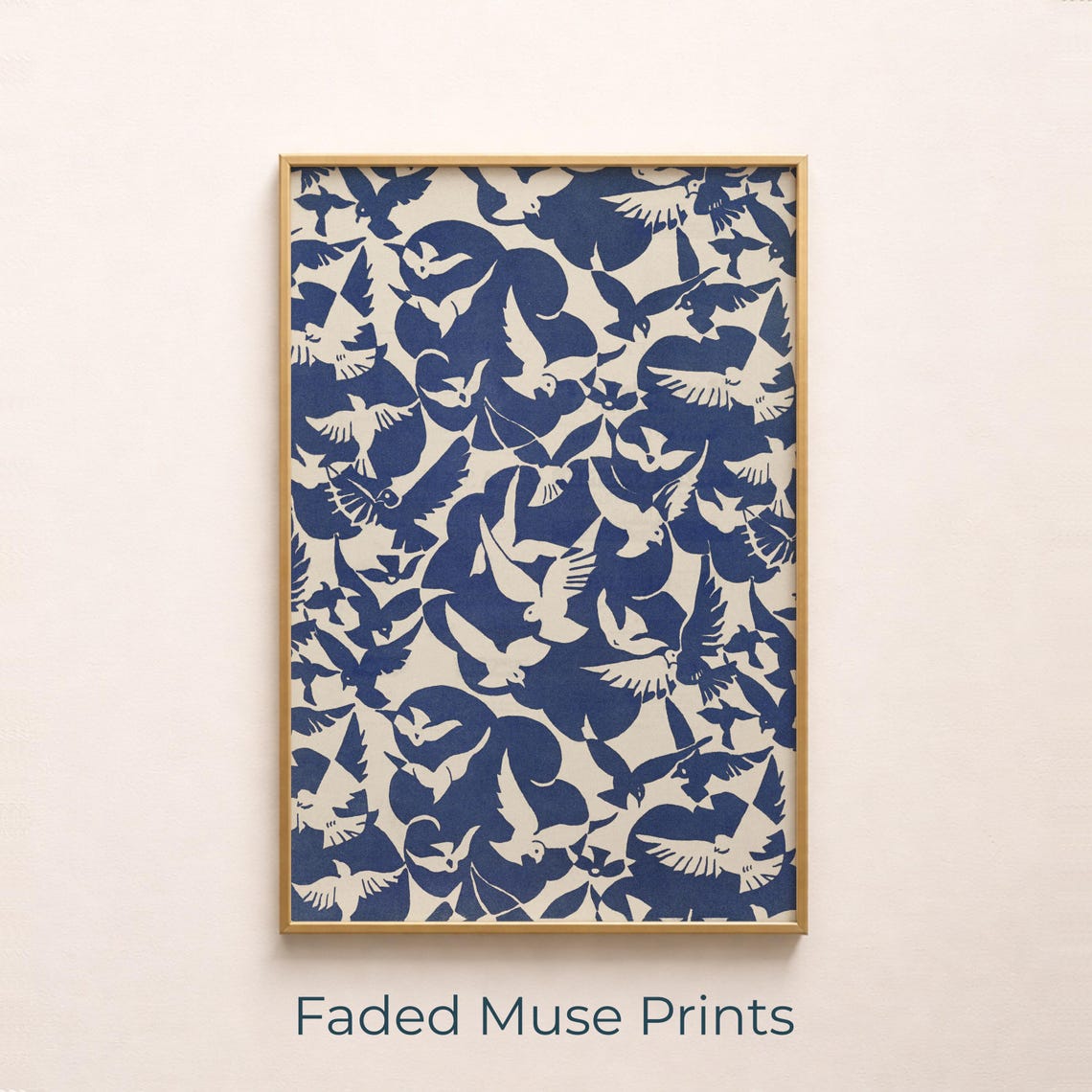 Midcentury Navy Cream Birds In Flight Graphic Pattern Wall Art