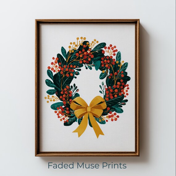 Bold Graphic Holiday Wreath Emerald Foliage Red Berries Printable Christmas Wall Art