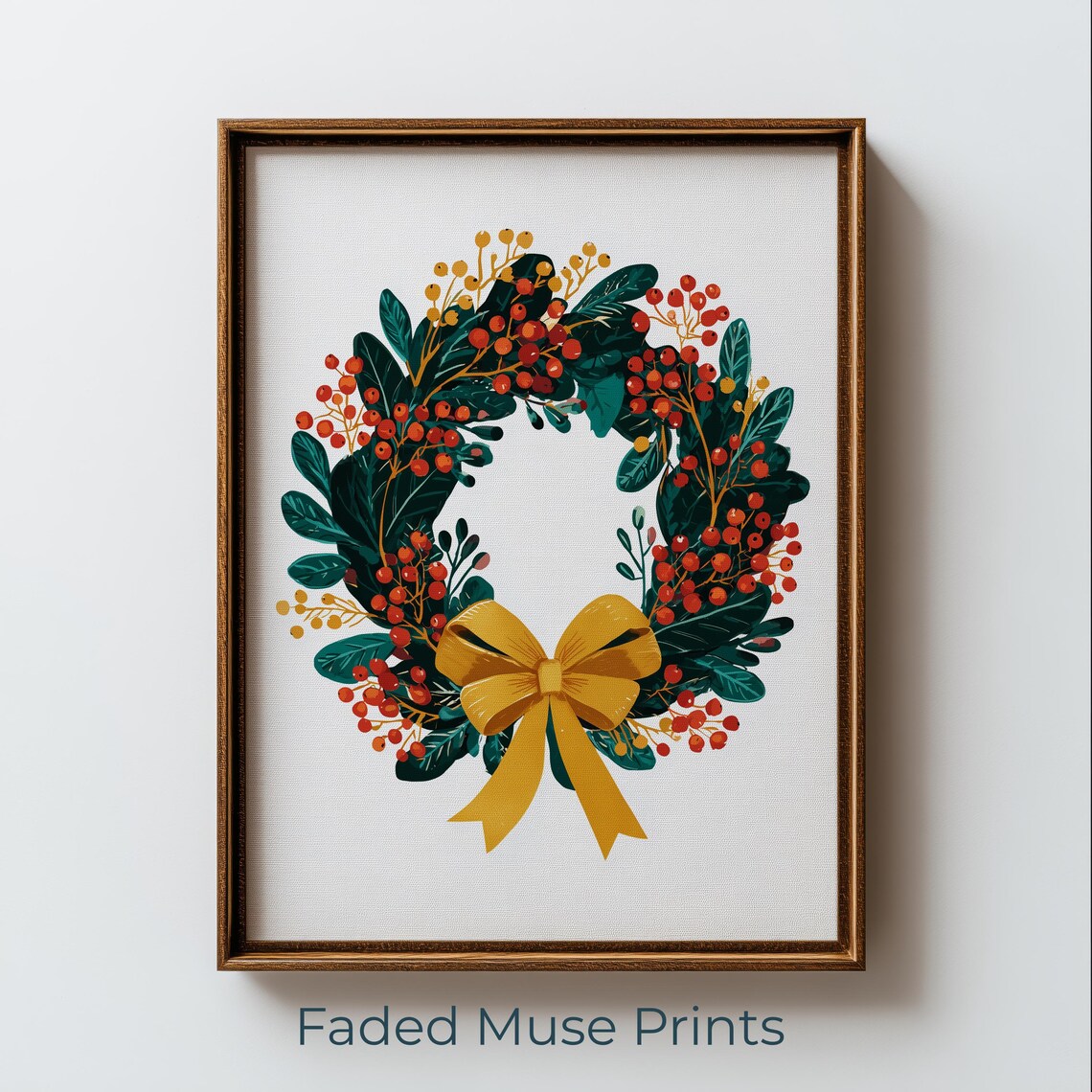 Bold Graphic Holiday Wreath Emerald Foliage Red Berries Printable Christmas Wall Art