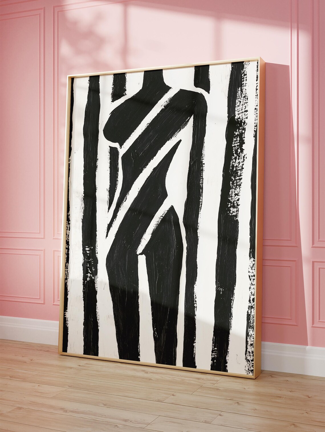Abstract Female Torso in Bold Black and White Stripe Art Poster - Image 3