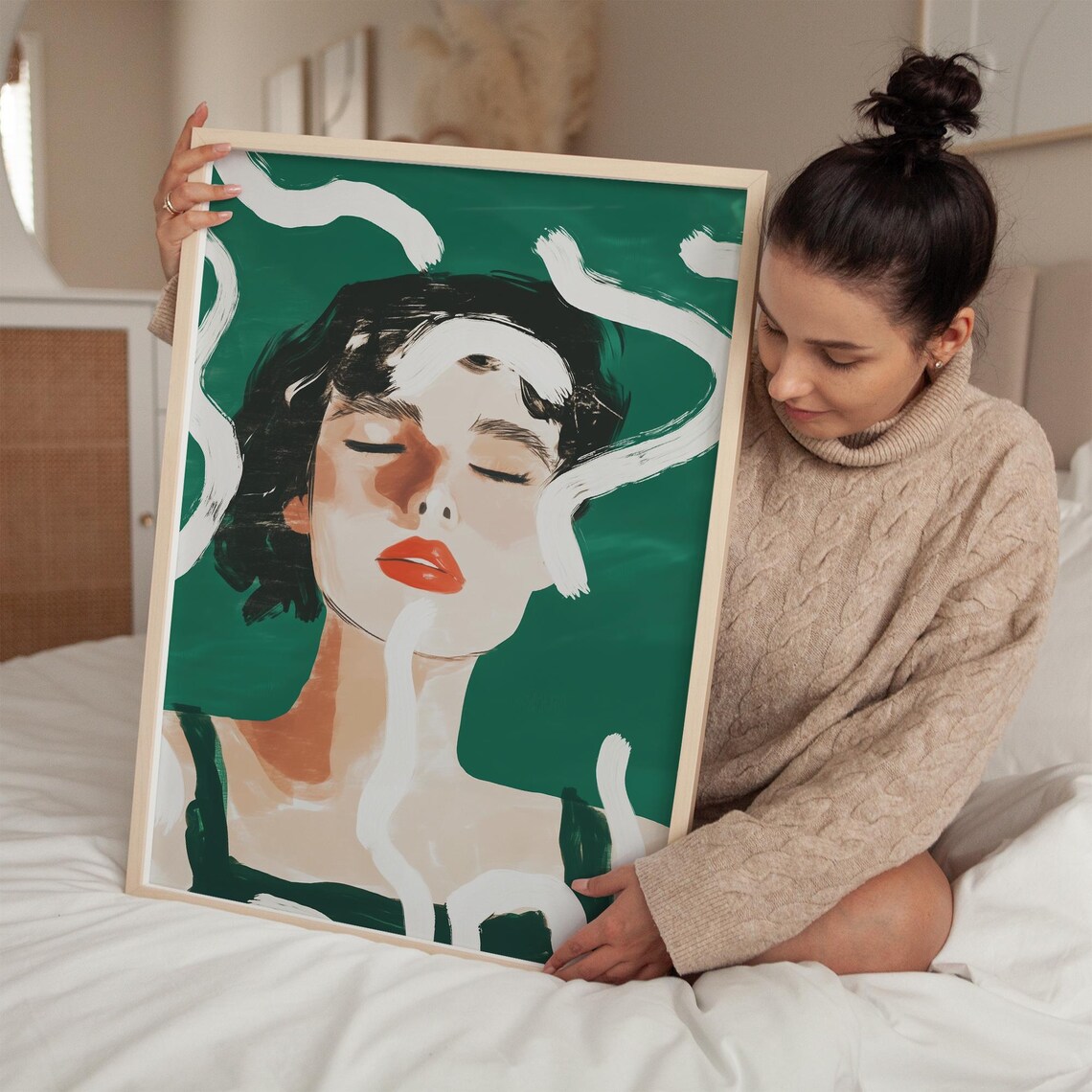 Abstract Woman Face Red Lips Green Background Modern Art Poster - Image 2