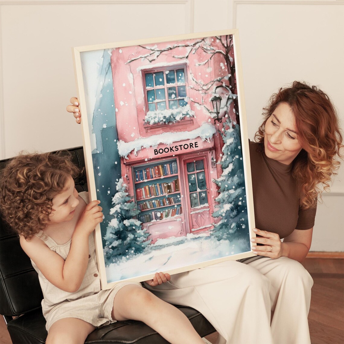 Snowy Pink Bookstore, Winter Bookshop Christmas Decor - Image 4