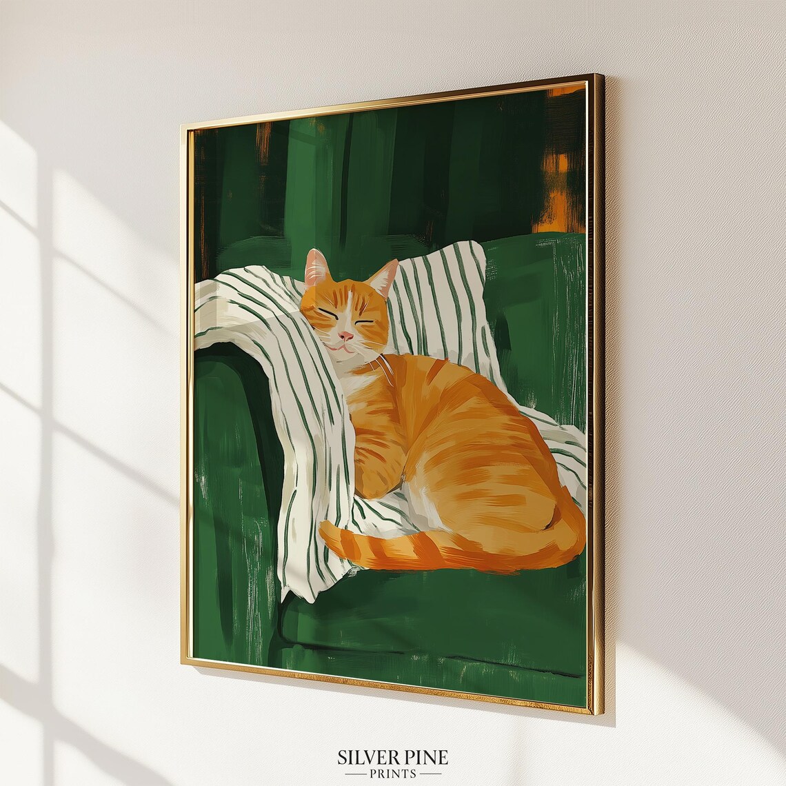 Cozy Sleeping Orange Tabby Cat Curled on Green Armchair Wall Art - Image 2