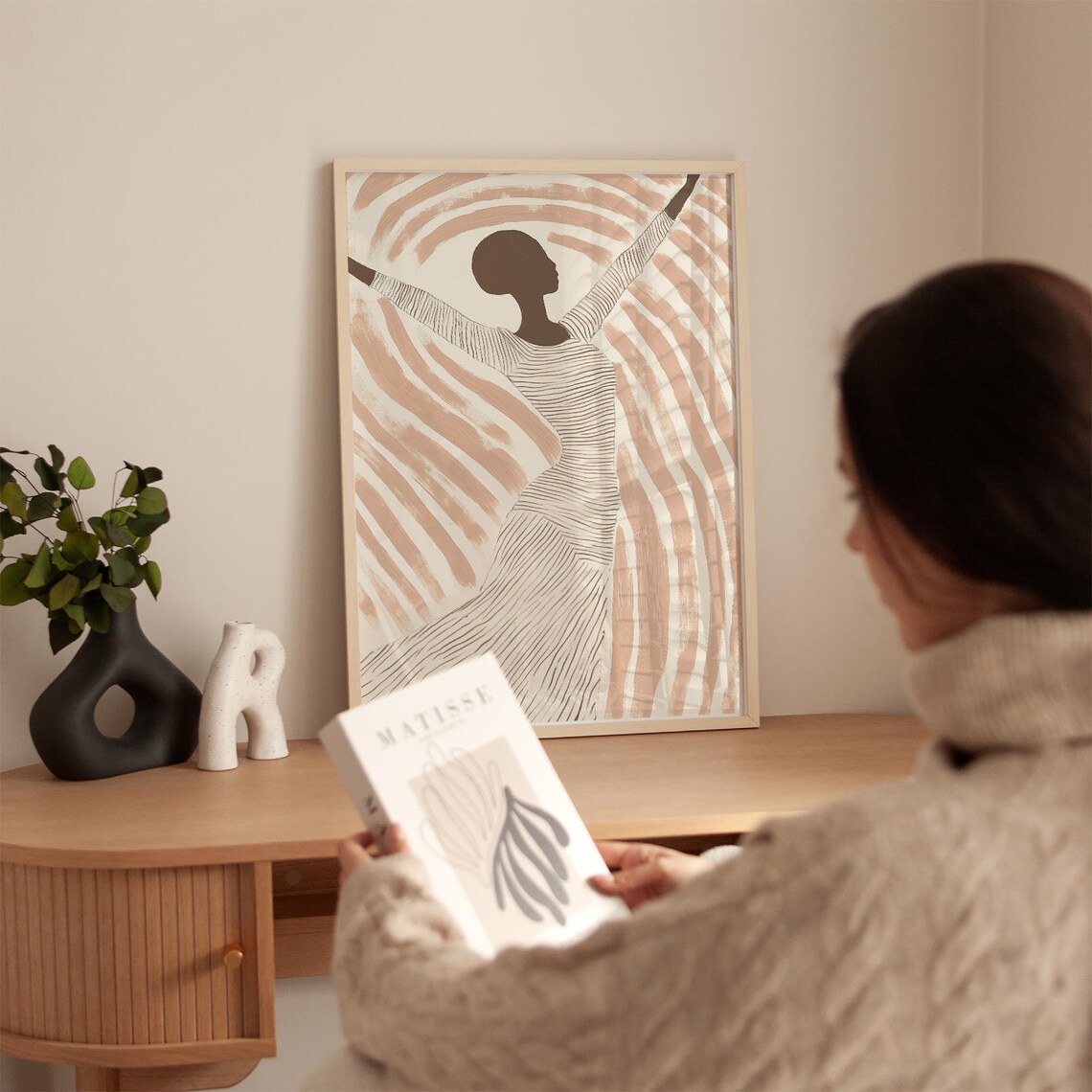 Joyful Dancing Woman in Beige Stripes Expressive Abstract Poster - Image 3