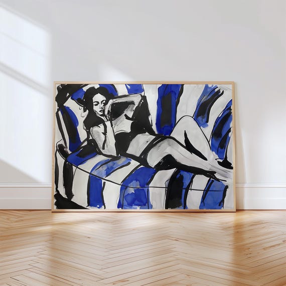 Abstract Woman Lounge Print Blue Black Wall Art Modern Female Silhouette Art Fashion Poster Bold Artistic Figure Decor