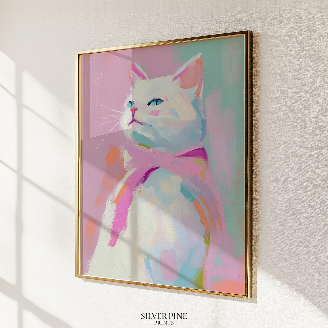 Charming White Cat Portrait With Pastel Pink Bow Pet Wall Art - Image 4