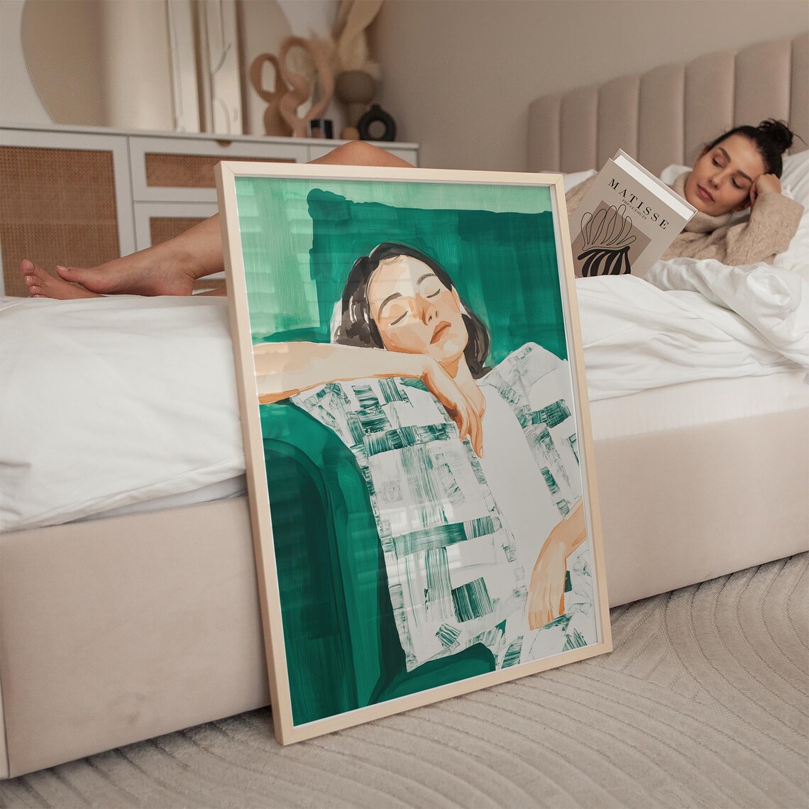 Tranquil Reclining Woman Green Minimalist Painting Art Poster - Image 2