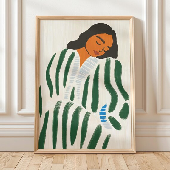 Restful Woman in Green Striped Robe Modern Minimalist Bedroom Poster