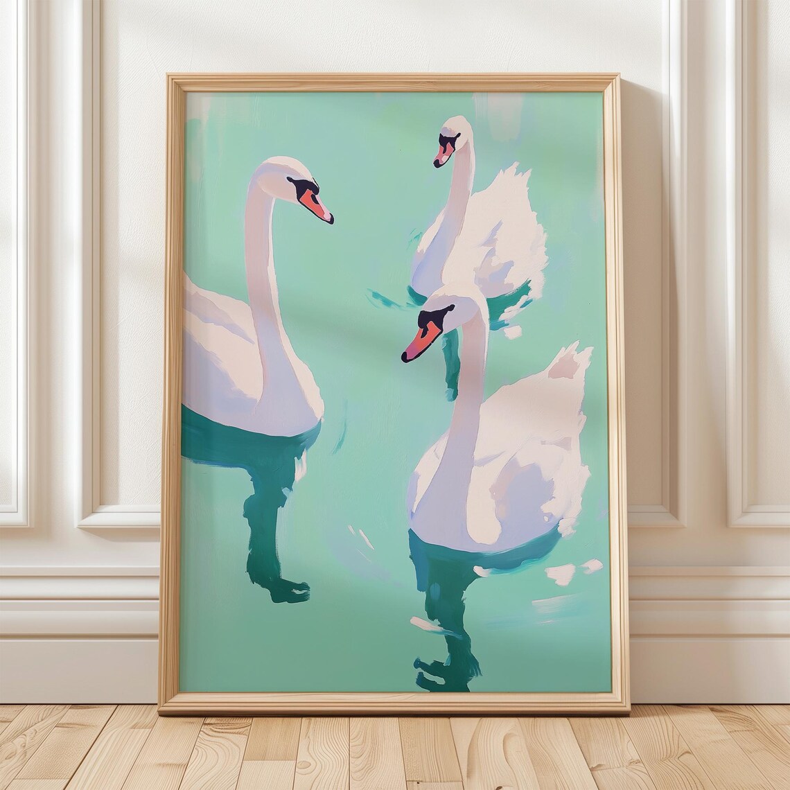 Swan Trio Art Print, Minimalist Modern Water Scene