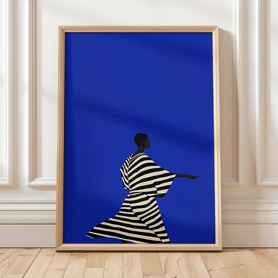 Striped Dress Silhouette Woman on Cobalt Blue Minimalist Art Poster