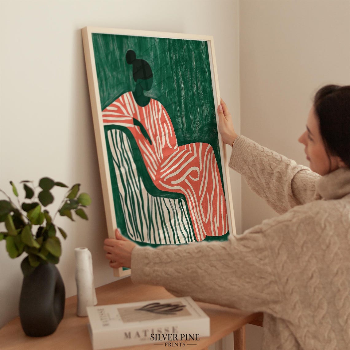 Abstract Woman Sitting Art Print Modern Wall Art Bold Striped Design Green And Red Minimalist Decor Contemporary - Image 2