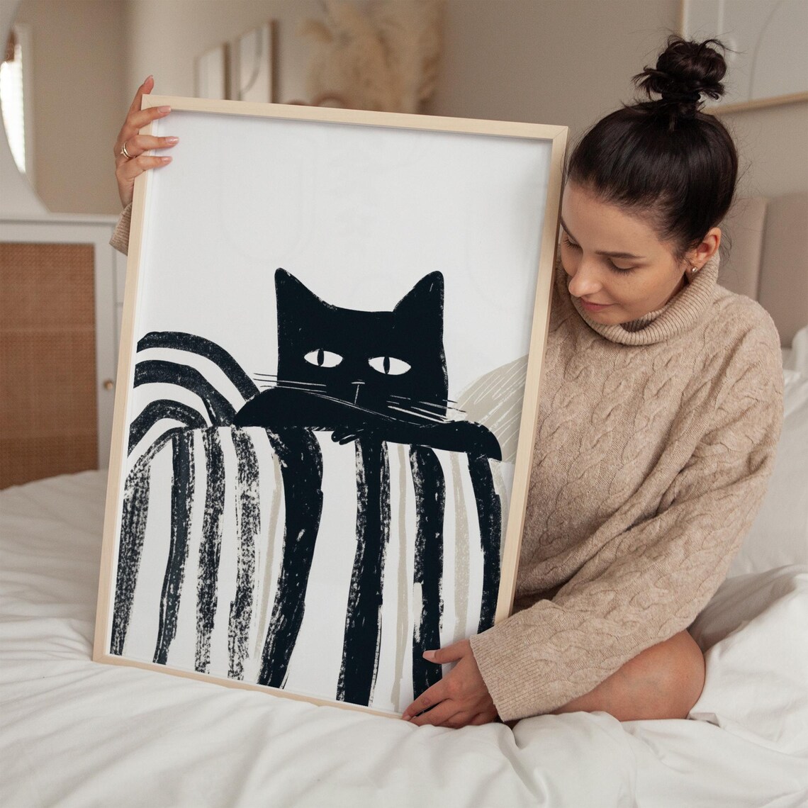 Curious Black Cat Peeking Over Striped Blanket Artwork Poster - Image 4