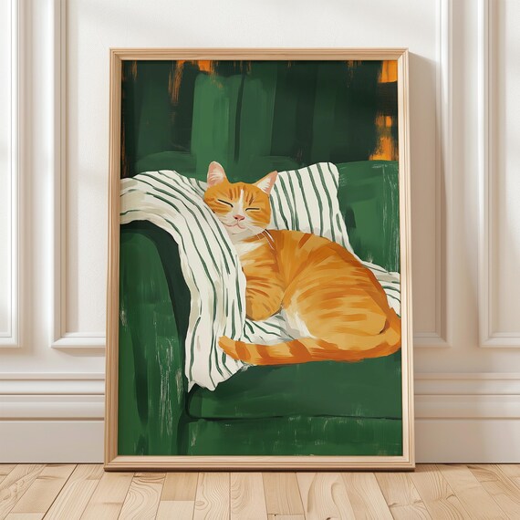 Cozy Sleeping Orange Tabby Cat Curled on Green Armchair Wall Art